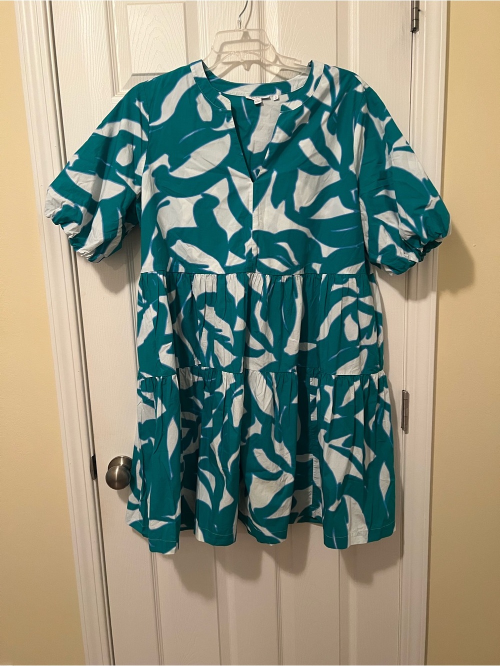 Chico’s Women’s Teal and White Printed Tiered Dress Size 3